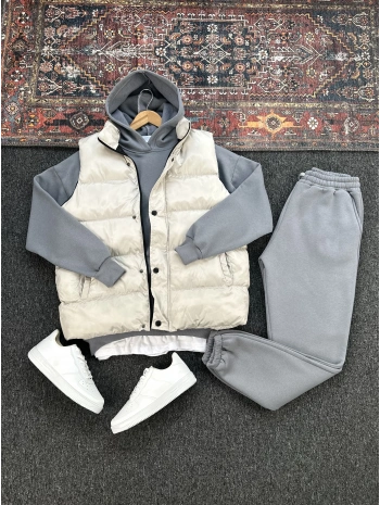 Gri Şişme Yelek & Gri Kapüşonlu Sweat & Gri Eşofman Altı 3lü Set