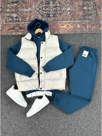 Gri Şişme Yelek & Lacivert Kapüşonlu Sweat & Lacivert Eşofman Altı 3lü Set