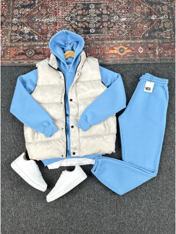 Gri Şişme Yelek & Mavi Kapüşonlu Sweat & Mavi Eşofman Altı 3lü Set