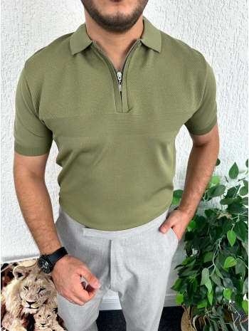 Haki Triko Pamuklu Fermuarlı Polo Yaka Tişört