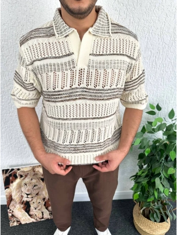 Kahverengi Beyaz Erkek Örgü Triko Apaç Yaka Tişört