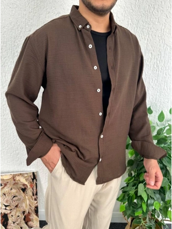 Kahverengi Erkek Oversize Giesto Keten Gömlek
