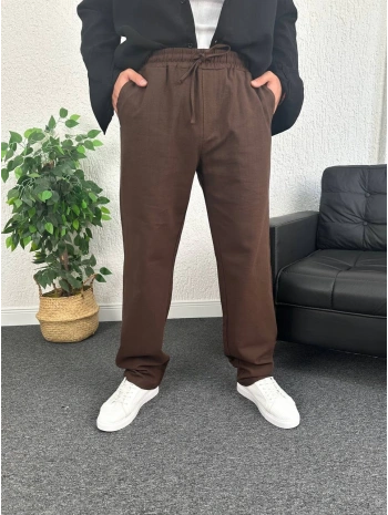 Kahverengi Ham Keten Baggy Pantolon