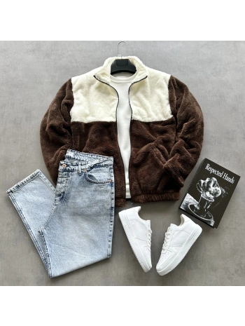 Kahverengi Parçalı Peluş Ceket & Mavi Kar Yıkama Baggy Kot Pantolon Kombini
