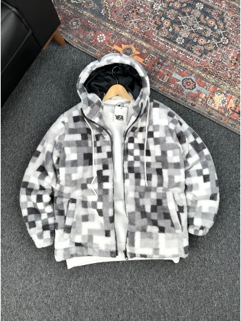 Kare Desen Detaylı Peluş Ceket