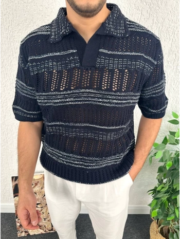 Lacivert Erkek Örgü Triko Apaç Yaka Tişört