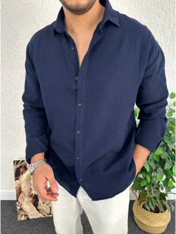 Lacivert Erkek Oversize Müslin Kumaş Gömlek
