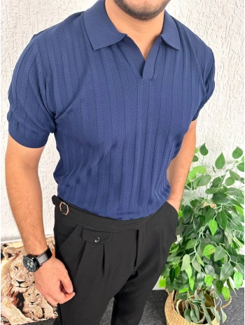 Lacivert Örme Kumaş Pamuklu Apaç Yaka Tişört