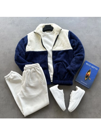 Lacivert Parçalı Peluş Ceket & Üç İplik Beyaz Eşofman Altı Kombini