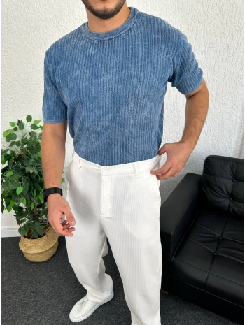 Mavi Asit Yıkama Örme Kumaş Tişört