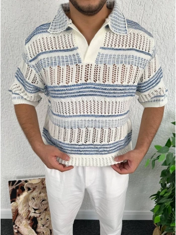 Mavi Beyaz Erkek Örgü Triko Apaç Yaka Tişört