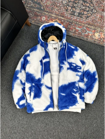 Mavi Desen Detaylı Peluş Ceket