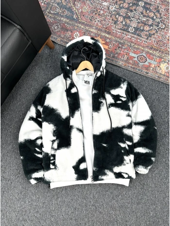 Siyah Desen Detaylı Peluş Ceket