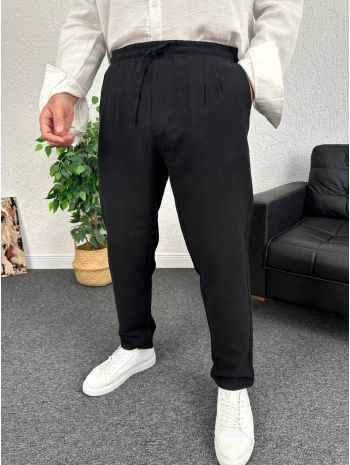 Siyah Duble Paça Pileli Ham Keten Pantolon