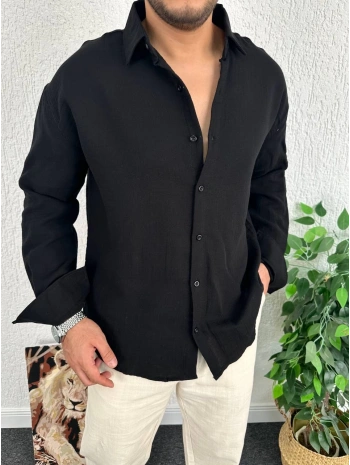 Siyah Erkek Oversize Müslin Kumaş Gömlek