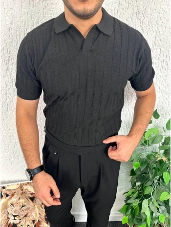 Siyah Örme Kumaş Pamuklu Apaç Yaka Tişört