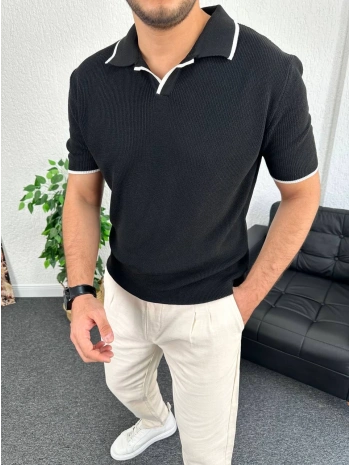 Siyah Örme Kumaş Şeritli Apaç Yaka Tişört