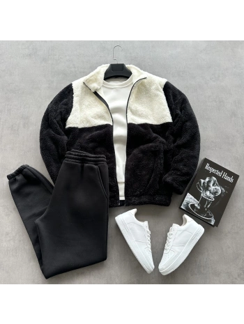 Siyah Parçalı Peluş Ceket & Üç İplik Siyah Eşofman Altı Kombini