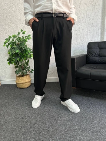 Siyah Pileli Kumaş Baggy Pantolon