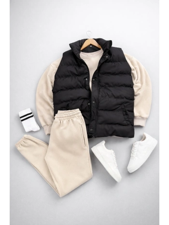 Siyah Şişme Yelek & Bej Bisiklet Yaka Sweat & Bej Eşofman Altı 3lü Set