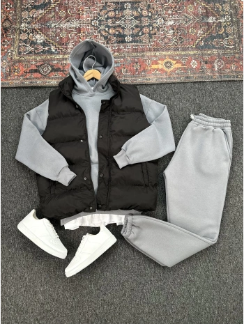 Siyah Şişme Yelek & Gri Kapüşonlu Sweat & Gri Eşofman Altı 3lü Set