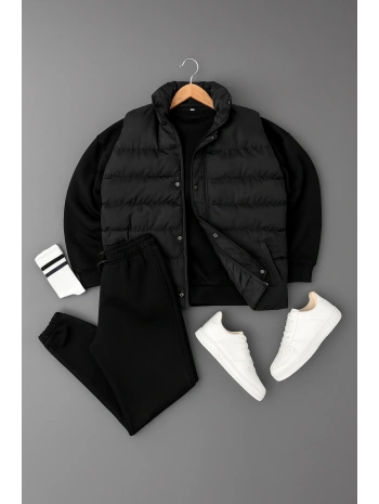 Siyah Şişme Yelek & Siyah Bisiklet Yaka Sweat & Siyah Eşofman Altı 3lü Set