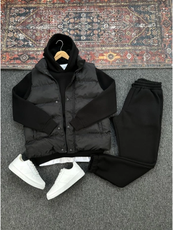Siyah Şişme Yelek & Siyah Kapüşonlu Sweat & Siyah Eşofman Altı 3lü Set