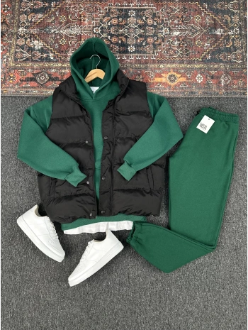 Siyah Şişme Yelek & Yeşil Kapüşonlu Sweat & Yeşil Eşofman Altı 3lü Set