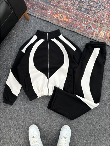 Siyah Üç İplik Şardonlu Parçalı Eşofman Takımı