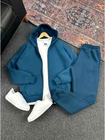 Üç İplik Lacivert Kapüşonlu Hırka & Eşofman 2li Takım