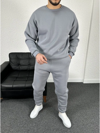 Üç İplik Şardonlu Gri Bisiklet Yaka Sweat & Gri Eşofman Altı Takım