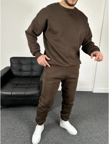 Üç İplik Şardonlu Kahverengi Bisiklet Yaka Sweat & Kahverengi Eşofman Altı Takım