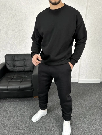 Üç İplik Şardonlu Siyah Bisiklet Yaka Sweat & Siyah Eşofman Altı Takım