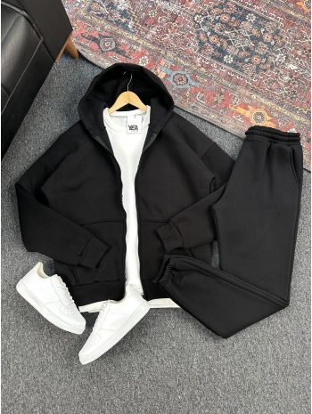 Üç İplik Siyah Kapüşonlu Hırka & Eşofman 2li Takım