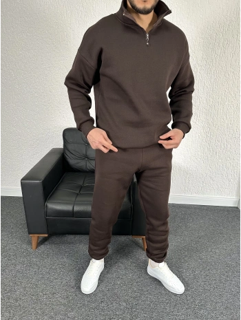 Üç İplik Kahverengi Yarım Fermuarlı Sweat & Kahverengi Eşofman Altı Takım