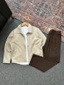 Bej Gabardin Ceket Kahverengi Pileli Baggy Kumaş 2’li Set Kombin