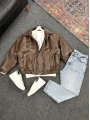 Kahverengi Deri Oversize Bomber Ceket & Mavi Kar Yıkama Boyfriend Kot Pantolon Kombin