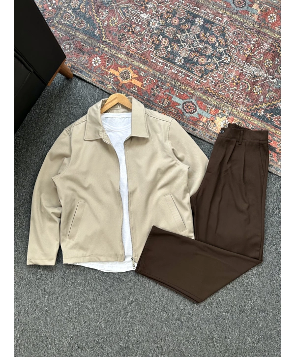 Bej Gabardin Ceket Kahverengi Pileli Baggy Kumaş 2’li Set Kombin