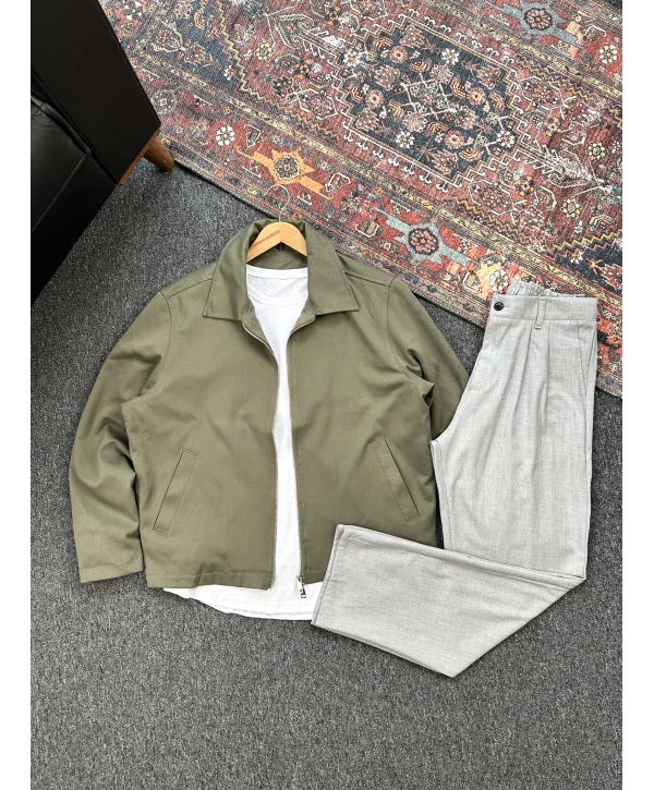 Haki Gabardin Ceket Gri Pileli Baggy Kumaş 2’li Set Kombin