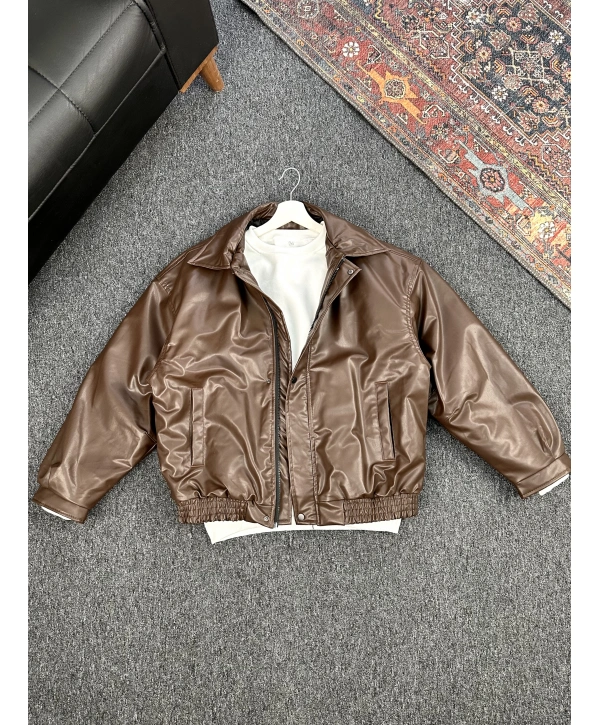 Kahverengi Bomber Oversize Deri Ceket