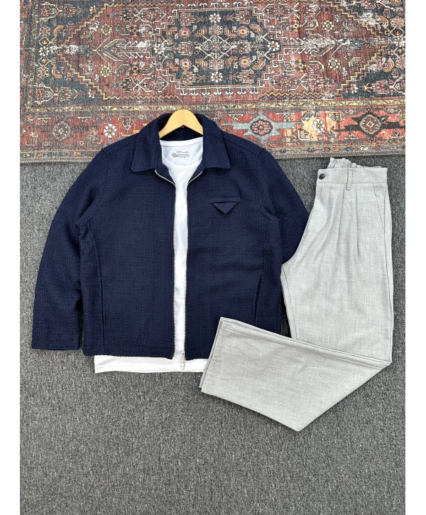 Lacivert Örme Hasır Kumaş Ceket & Gri Pileli Kumaş Baggy Pantolon