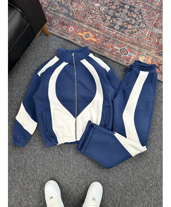 Lacivert Üç İplik Şardonlu Parçalı Eşofman Takımı