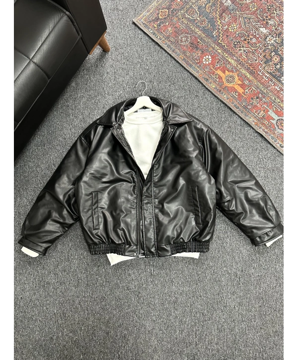 Siyah Bomber Oversize Deri Ceket