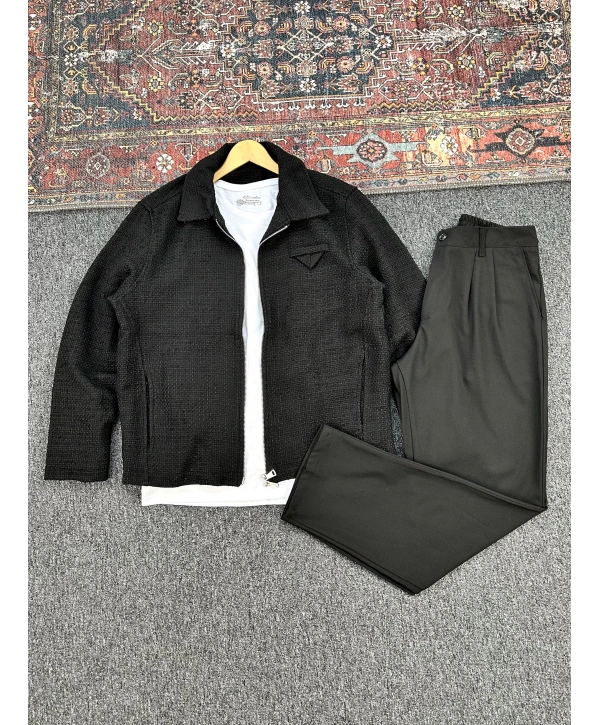 Siyah Örme Hasır Kumaş Ceket & Siyah Pileli Kumaş Baggy Pantolon