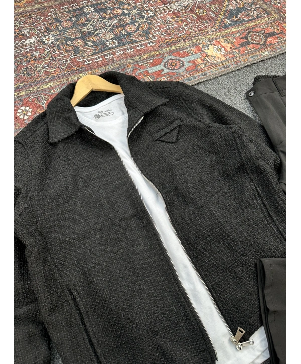 Siyah Örme Hasır Kumaş Ceket & Siyah Pileli Kumaş Baggy Pantolon