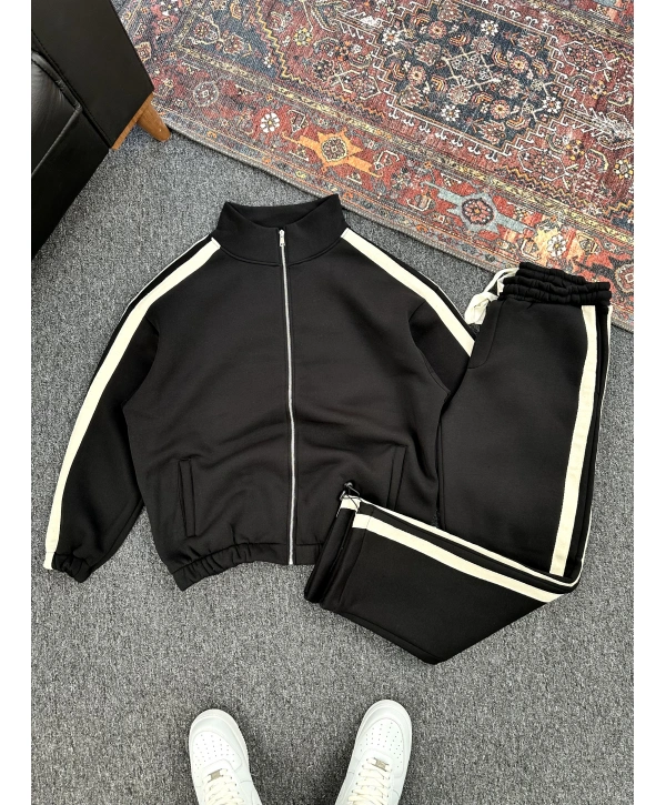 Siyah Üç İplik Şardonlu Beyaz Şerit Detaylı Eşofman Takımı