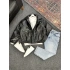 Siyah Deri Oversize Bomber Ceket & Mavi Kar Yıkama Boyfriend Kot Pantolon Kombin
