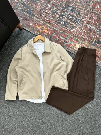 Bej Gabardin Ceket Kahverengi Pileli Baggy Kumaş 2’li Set Kombin