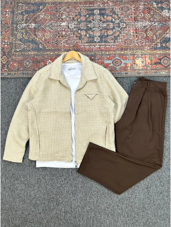 Bej Örme Hasır Kumaş Ceket & Kahverengi Pileli Kumaş Baggy Pantolon
