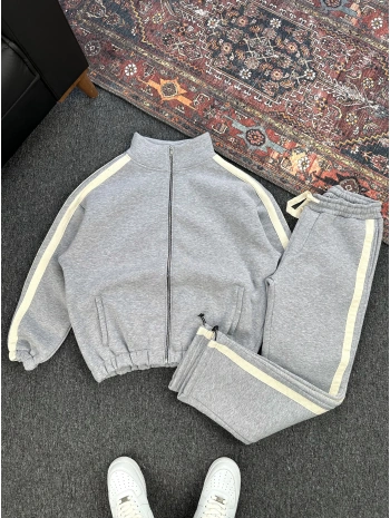 Gri Üç İplik Şardonlu Beyaz Şerit Detaylı Eşofman Takımı